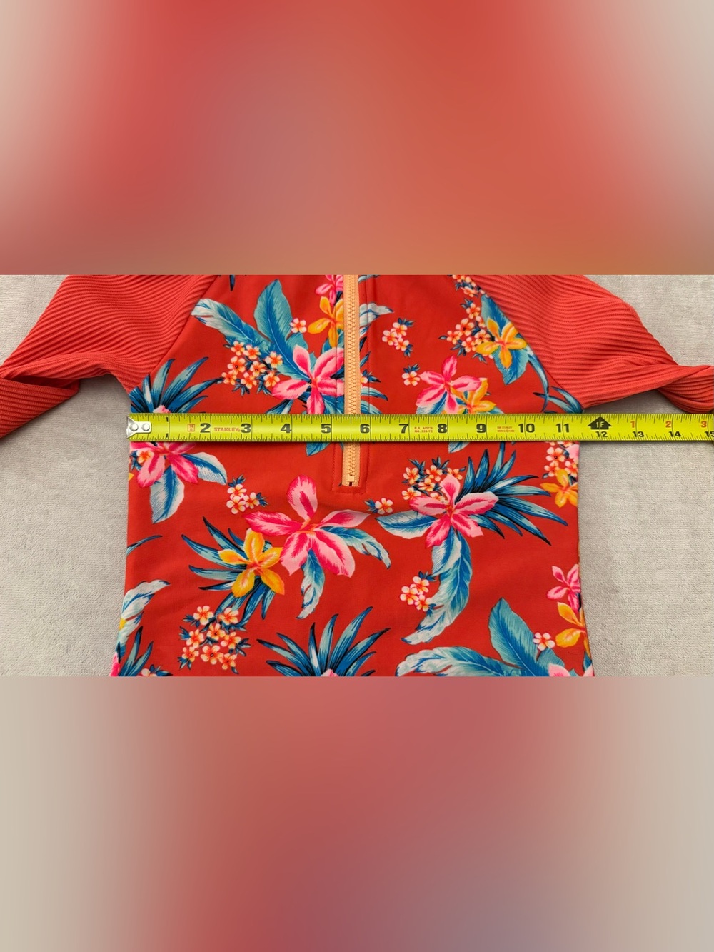 Art Class Girls One Piece Swimsuit Size 7/8 Red Tropical Floral Long Sleeve Zip - Picture 9 of 9